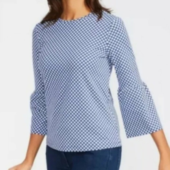 J. McLaughlin Tops - J. Mclaughlin Kyla Navy White Gingham Check Catalina Cloth Bell Sleeve Top SzS